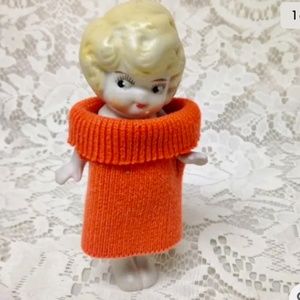 Antique, Made in Japan, 5.25in Bisque, Googly-eyed Doll in Orange Dress